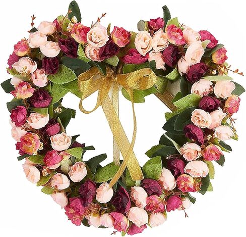 Heart-Shaped Wreath 14inch Artificial Pink Rose Floral Garland Valentines Wreath with Ribbons for Front Door Valentine's Day Home Party Wedding Decorations in Saudi Arabia