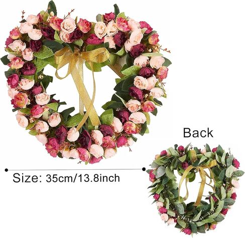 Heart-Shaped Wreath 14inch Artificial Pink Rose Floral Garland Valentines Wreath with Ribbons for Front Door Valentine's Day Home Party Wedding Decorations in Saudi Arabia