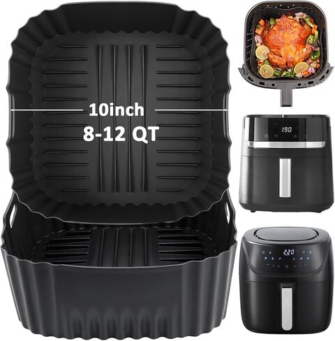 بطانات مقلاة هوائية من السيليكون مربعة مقاس 9 بوصة من BYKITCHEN من 5.5 إلى 9 QT، مجموعة من 2، إدراج صينية مقلاة هوائية من السيليكون قابلة لإعادة الاستخدام، ملحقات مقلاة الهواء لكورسوري، جورميا، فورتكس، باور XL والمزيد in Kuwait