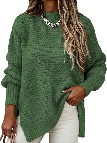 winkbay Women's Mock Neck Split Hem Sweaters Dressy Casual Long Sleeve Loose Knit Pullover Tops in Saudi Arabia
