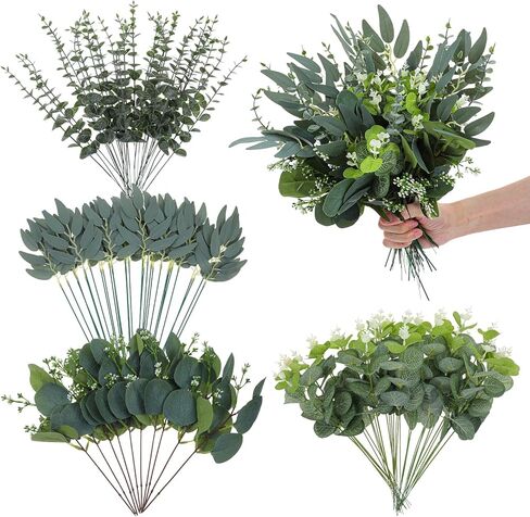 100 Pcs Mixed Eucalyptus Stems Bulk, 4 Style Artificial Silver Dollar Eucalyptus Leaves for Wedding Centerpieces, Faux Greenery Branches for Wedding Centerpiece Vase Bouquet Floral Home Decor in Saudi Arabia