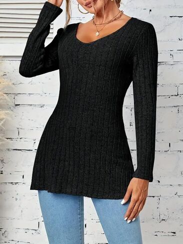 Women's Long Sleeve Ribbed Knit Stretch Sweater, V Neck Slim Cozy Side Split Casual Top Lightweight Pullover Sweaters,Black in Saudi Arabia