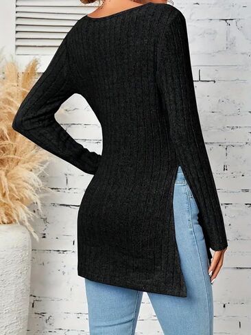 Women's Long Sleeve Ribbed Knit Stretch Sweater, V Neck Slim Cozy Side Split Casual Top Lightweight Pullover Sweaters,Black in Saudi Arabia