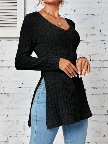 Women's Long Sleeve Ribbed Knit Stretch Sweater, V Neck Slim Cozy Side Split Casual Top Lightweight Pullover Sweaters,Black in Saudi Arabia