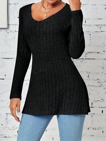 Women's Long Sleeve Ribbed Knit Stretch Sweater, V Neck Slim Cozy Side Split Casual Top Lightweight Pullover Sweaters,Black in Saudi Arabia