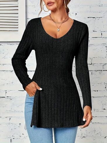 Women's Long Sleeve Ribbed Knit Stretch Sweater, V Neck Slim Cozy Side Split Casual Top Lightweight Pullover Sweaters,Black in Saudi Arabia
