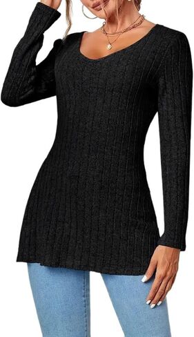 Women's Long Sleeve Ribbed Knit Stretch Sweater, V Neck Slim Cozy Side Split Casual Top Lightweight Pullover Sweaters,Black in Saudi Arabia