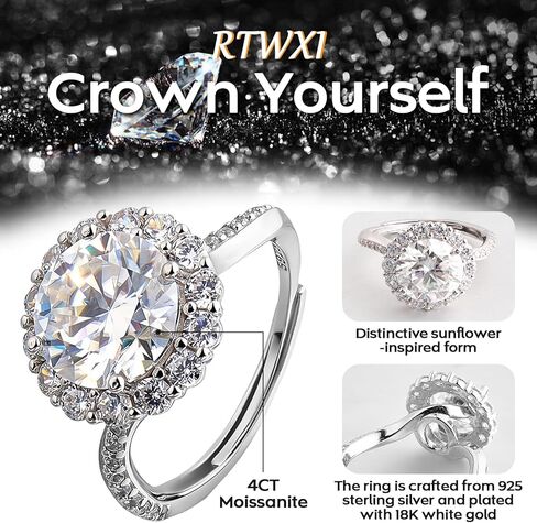 Moissanite Rings for Women, Rtwxi 4Ct Sunflower Ring for Engagement, Wedding, Anniversary or Self-Love, D Color VVS1 925 Silver 18K Gold Plated, Halo Open Adjustable Ring, Crown Yourself.Valentine's Day gifts in Saudi Arabia