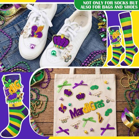 Cutecrop 40 جهاز كمبيوتر شخصى DIY 2 أزواج من جوارب Mardi Gras Slouch Scrunch 38 سحر هدية للنساء جوارب مخططة أرجوانية مضحكة Mardi Gras Charms Kit دبوس بروش إكسسوارات الأحذية للحزب النساء الرجال البالغين in Saudi Arabia