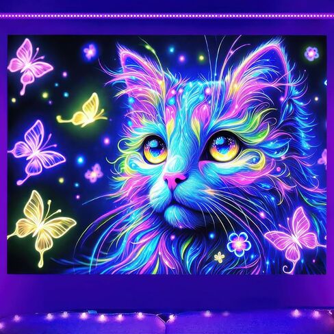 BlissYard Blacklight Butterfly Cat نسيج القمر نجوم الأشعة فوق البنفسجية التفاعلية Galacy Space Wall نسيج جمالي نيون غامض مليء بالنجوم ليلة السماء الجدار شنقا لغرفة النوم 59 "× 78" ديكور الضوء الأسود لغرفة النوم غرفة المعيشة in Kuwait