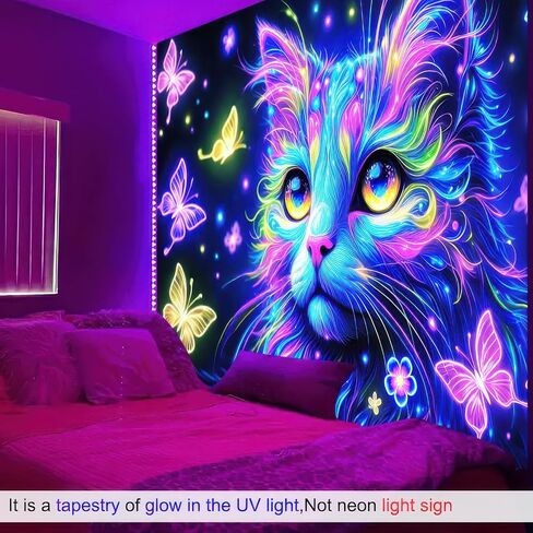BlissYard Blacklight Butterfly Cat نسيج القمر نجوم الأشعة فوق البنفسجية التفاعلية Galacy Space Wall نسيج جمالي نيون غامض مليء بالنجوم ليلة السماء الجدار شنقا لغرفة النوم 59 "× 78" ديكور الضوء الأسود لغرفة النوم غرفة المعيشة in Kuwait