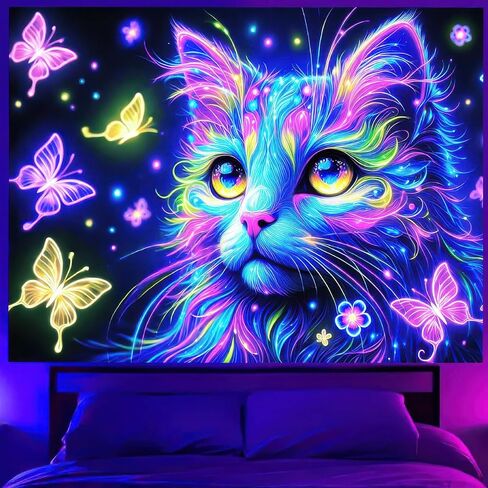 BlissYard Blacklight Butterfly Cat نسيج القمر نجوم الأشعة فوق البنفسجية التفاعلية Galacy Space Wall نسيج جمالي نيون غامض مليء بالنجوم ليلة السماء الجدار شنقا لغرفة النوم 59 "× 78" ديكور الضوء الأسود لغرفة النوم غرفة المعيشة in Kuwait