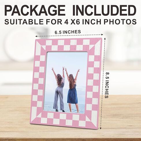 WeMaison Pink Checkerboard Wooden Frame for 4x6 Photos - Trendy Geometric Photo Frame - Girly Tabletop Decor, Aesthetic Pink Birthday Gift for Her - Classic Photo Frame, Gift And Decorations (C14) in Saudi Arabia
