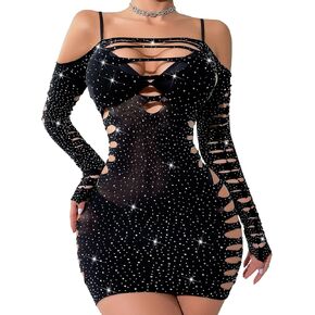 Linzdvay الملابس الداخلية للنساء مثير طويلة الأكمام متجرد الزي قميص بيبي دول حجر الراين شبكة صيد السمك تيدي فساتين صغيرة in Kuwait