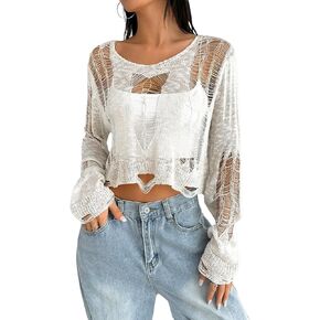 SHENHE Women's See Through Ripped Sweater Gothic Grunge Y2k Crew Neck Crop Sweater Pullover in Kuwait