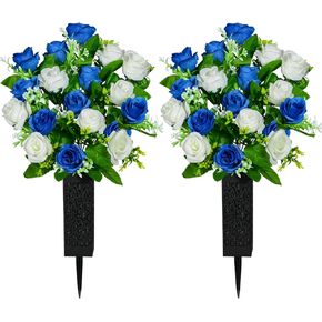 زهور المقبرة الاصطناعية من كوكوكا، مجموعة من زهرتين تذكاريتين مع مزهرية، باقة ورد صناعية لتزيين شواهد القبور (أزرق داكن وأبيض) in Kuwait