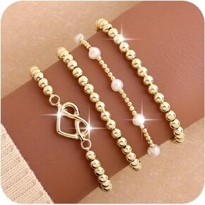 BXDA Gold Beaded Bow Heart Paperclip Pearls Stack Bracelet Set for Women, 4Pcs Handmade Golden Beads Pearl Stretchable Stackable Bracelets Party Jewelry Accessories Christmas Gift in Saudi Arabia
