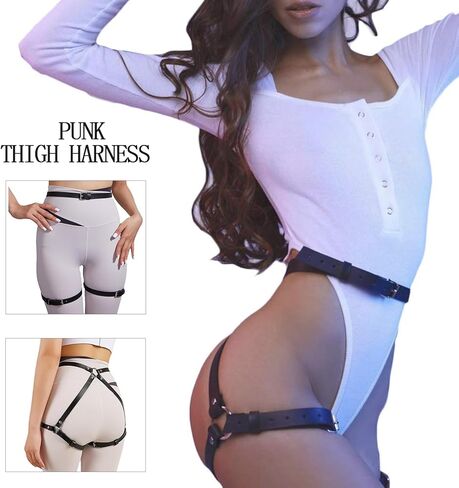 حزام GothicThigh للنساء، حزام رباط جلدي قابل للتعديل مع أشرطة للساق، سلسلة جسم فاسق لحفلات الهالوين التنكرية، إكسسوار أزياء نادي الهذيان in Kuwait