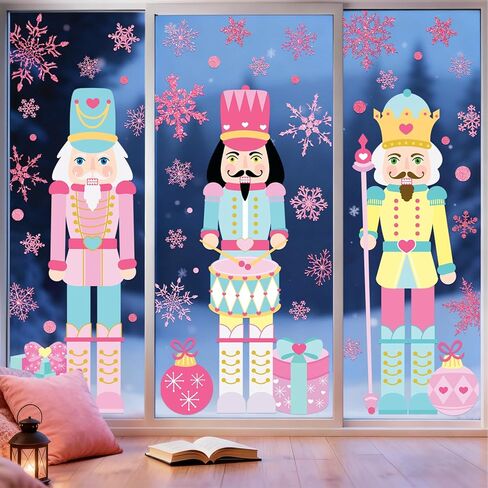 Whaline Christmas Window Clings Pink Green Nutcracker Snowflake Window Stickers Double-Sided Large Glass Decals for Xmas Home Classroom Office Party Decoration in Saudi Arabia