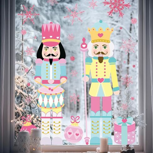 Whaline Christmas Window Clings Pink Green Nutcracker Snowflake Window Stickers Double-Sided Large Glass Decals for Xmas Home Classroom Office Party Decoration in Saudi Arabia