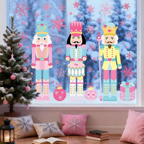 Whaline Christmas Window Clings Pink Green Nutcracker Snowflake Window Stickers Double-Sided Large Glass Decals for Xmas Home Classroom Office Party Decoration in Saudi Arabia
