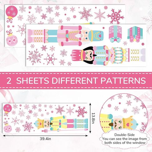 Whaline Christmas Window Clings Pink Green Nutcracker Snowflake Window Stickers Double-Sided Large Glass Decals for Xmas Home Classroom Office Party Decoration in Saudi Arabia