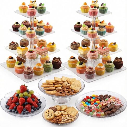 6 Pcs Acrylic Cake Stands Set Include 2 Pcs Display Risers 1 Pcs 4 Tier Cupcake Tower and 3 Clear Round Dessert Trays Cake Table Holder for Wedding Baby Shower Tea Party Decoration (Round) in Saudi Arabia