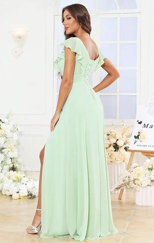 فساتين وصيفة العروس من Sevintage برقبة على شكل V للنساء وأكمام طويلة على شكل حرف A وأكمام مكشكشة لحفلات الزفاف الرسمية مع فتحة in Kuwait