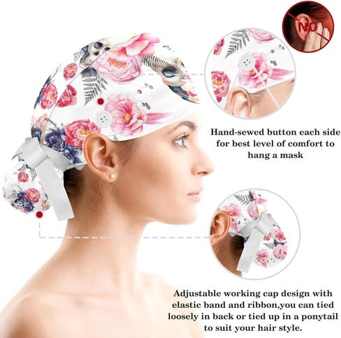 Ethnic Aztec Pattern Adjustable Scrub Cap Hat with Button, Working Hat Sweatband with Bow Hair Scrunchy for Woman in Saudi Arabia