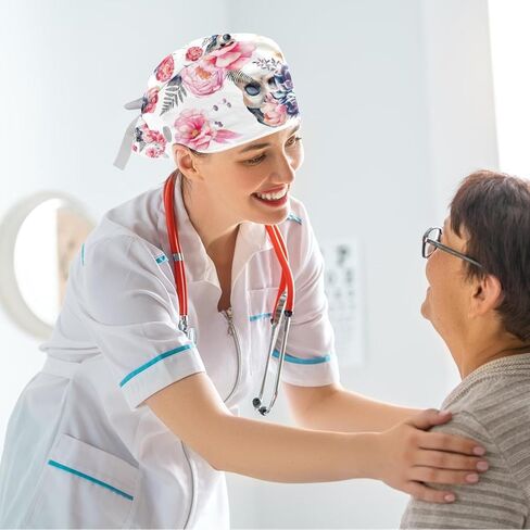 Ethnic Aztec Pattern Adjustable Scrub Cap Hat with Button, Working Hat Sweatband with Bow Hair Scrunchy for Woman in Saudi Arabia
