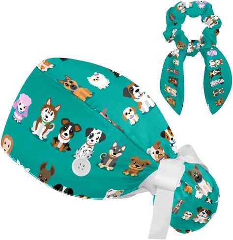 Ethnic Aztec Pattern Adjustable Scrub Cap Hat with Button, Working Hat Sweatband with Bow Hair Scrunchy for Woman in Saudi Arabia