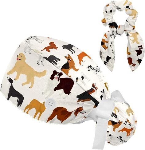 Ethnic Aztec Pattern Adjustable Scrub Cap Hat with Button, Working Hat Sweatband with Bow Hair Scrunchy for Woman in Saudi Arabia