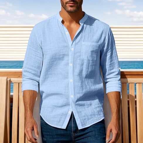 Mens Cotton Linen Long Sleeve Shirt Casual Button Down Shirt Lightweight Breathable Beach Wedding Shirt with Pocket in Saudi Arabia