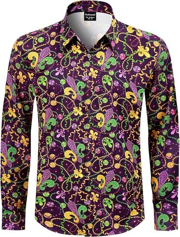 قميص رجالي Fashonal Mardi Gras Novelty بأزرار سفلية وأكمام طويلة، S-4XL in Kuwait