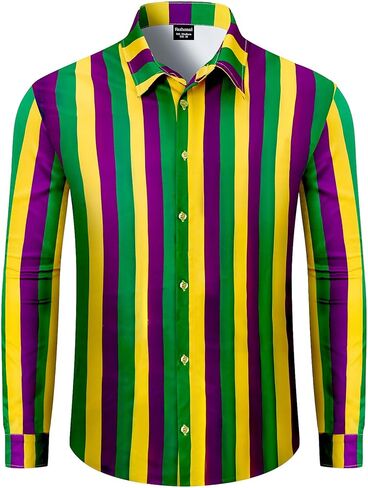 قميص رجالي Fashonal Mardi Gras Novelty بأزرار سفلية وأكمام طويلة، S-4XL in Kuwait