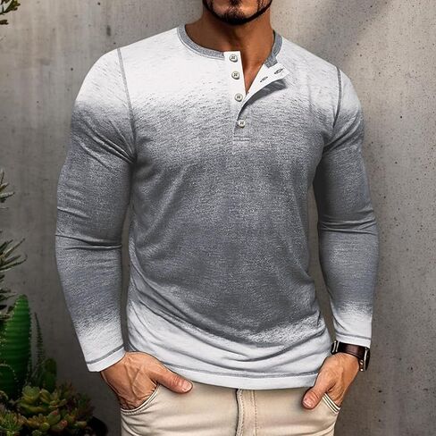 Men's Fashion Henley Long Sleeve Shirt Vintage 3D Print Button Down Tee Lightweight Casual Fall Shirt in Saudi Arabia