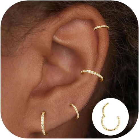 Qyalie أقراط صغيرة على شكل طوق غضروف للنساء من Huggie Helix Conch Piercing Jewelry لا تسبب الحساسية من التيتانيوم 14 قيراط مطلية بالذهب والفضة CZ مجموعة من الفولاذ الجراحي in Kuwait