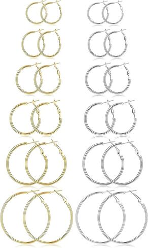Generic 12 Pairs Thin Hoop Earrings for Women, Available in 6 Sizes: 25mm, 30mm, 35mm, 40mm, 45mm, and 50mm, Gold/Silver Earings Big Medium Small Set in Saudi Arabia