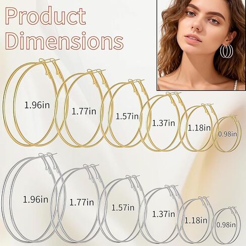 Generic 12 Pairs Thin Hoop Earrings for Women, Available in 6 Sizes: 25mm, 30mm, 35mm, 40mm, 45mm, and 50mm, Gold/Silver Earings Big Medium Small Set in Saudi Arabia