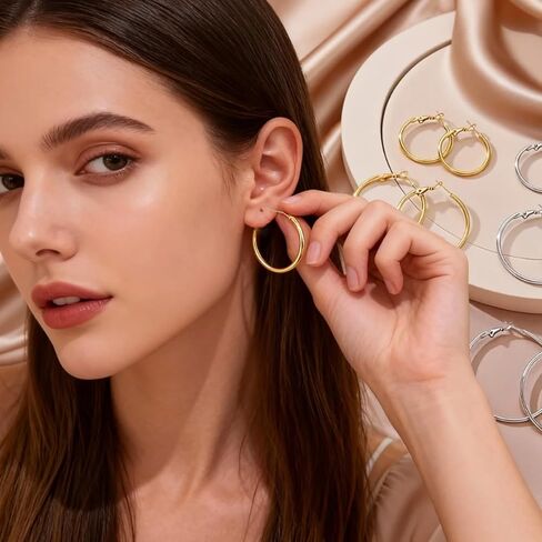 Generic 12 Pairs Thin Hoop Earrings for Women, Available in 6 Sizes: 25mm, 30mm, 35mm, 40mm, 45mm, and 50mm, Gold/Silver Earings Big Medium Small Set in Saudi Arabia
