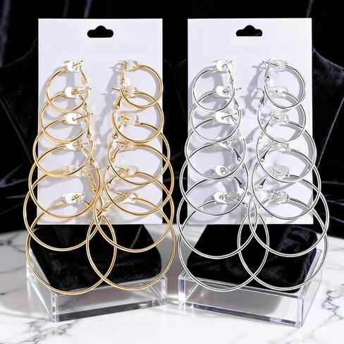 Generic 12 Pairs Thin Hoop Earrings for Women, Available in 6 Sizes: 25mm, 30mm, 35mm, 40mm, 45mm, and 50mm, Gold/Silver Earings Big Medium Small Set in Saudi Arabia
