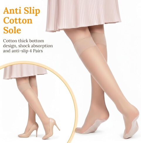 4 Pairs Sheer Knee High Socks for Women - Anti-Slip Grip Cotton Sole, Wide Calf Stockings - Comfort Fit for Boots, Dress & Work in Saudi Arabia