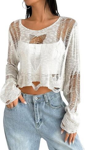 SHENHE Women's See Through Ripped Sweater Gothic Grunge Y2k Crew Neck Crop Sweater Pullover in Kuwait