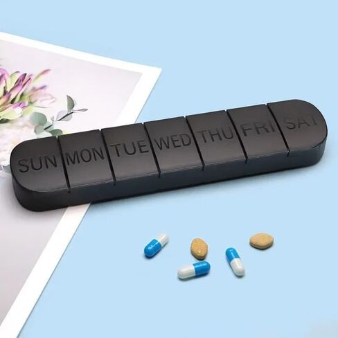 Travel Pill Box, 7-Day Portable Medicine case, Tablet and Vitamin Storage Container Easy Carrying in Bags or Pockets (Black) in Saudi Arabia