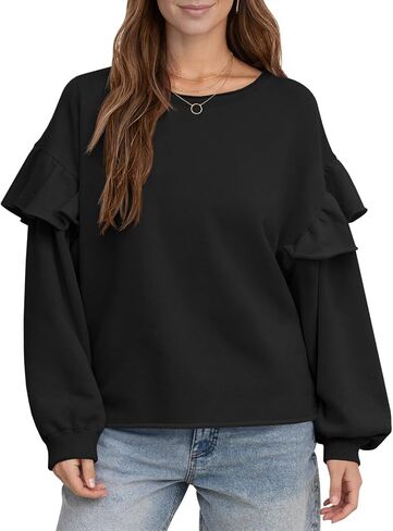 Fisoew Womens Crewneck Sweatshirts Fall Casual Ruffle Long Sleeve Roll Hem Loose Cropped Pullover Tops in Saudi Arabia