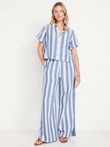 Old Navy بنطال شاش مجعد عالي الخصر وواسع الساق - شريط أزرق in Kuwait