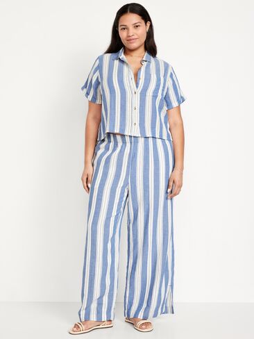 Old Navy بنطال شاش مجعد عالي الخصر وواسع الساق - شريط أزرق in Kuwait