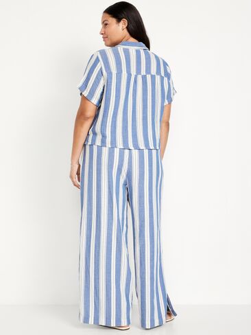 Old Navy بنطال شاش مجعد عالي الخصر وواسع الساق - شريط أزرق in Kuwait