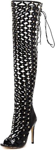 Womens Knee High Sandals Open Toe Lace Up Criss Cross Strappy Stiletto Heels Pointed Toe Boots in Saudi Arabia