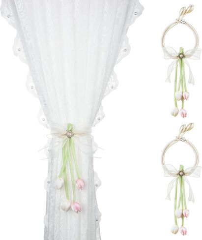 SUQ I OME 1 Pair of 100% Handmade Tulip Flower Curtain Tiebacks with Bowknot,Curtain Ties,Curtain Holdbacks,Pink in Saudi Arabia